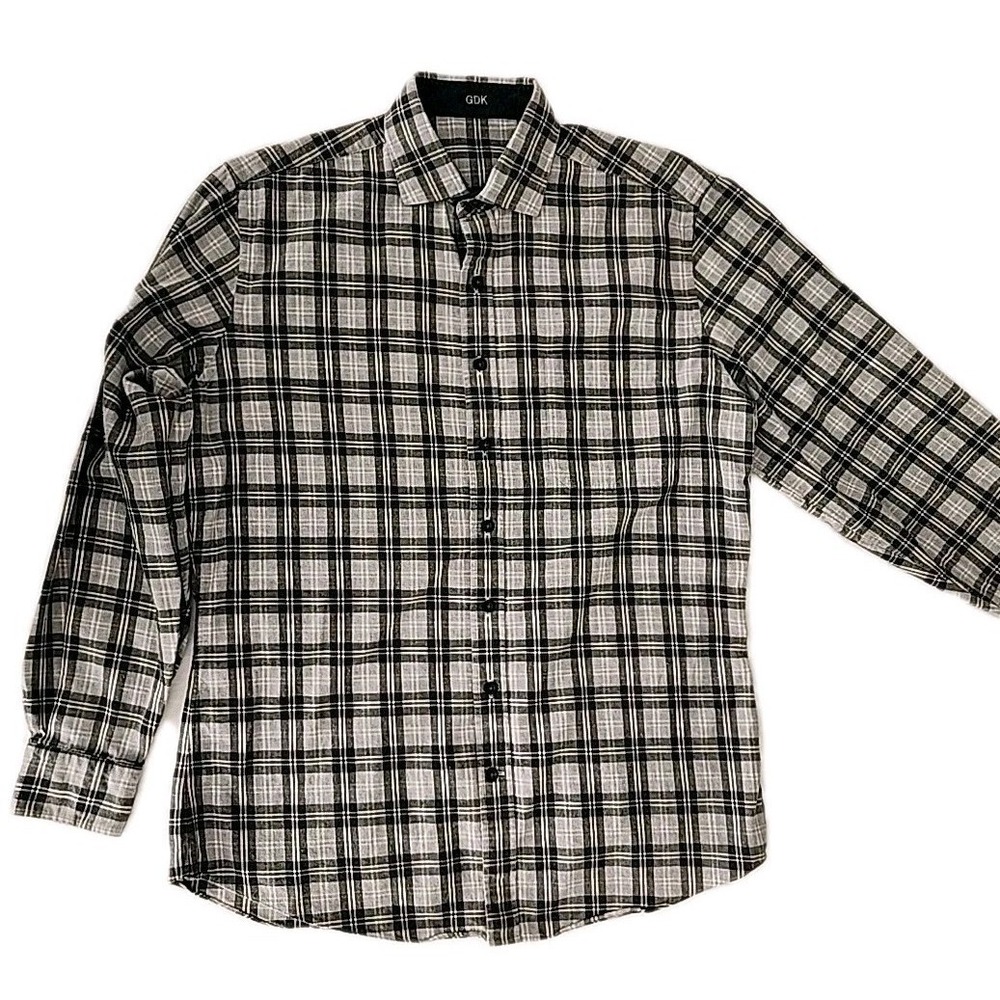 Custon-Made J.Hilburn Clark Melange Men's Large Gray & Black Plaid Flannel Shirt